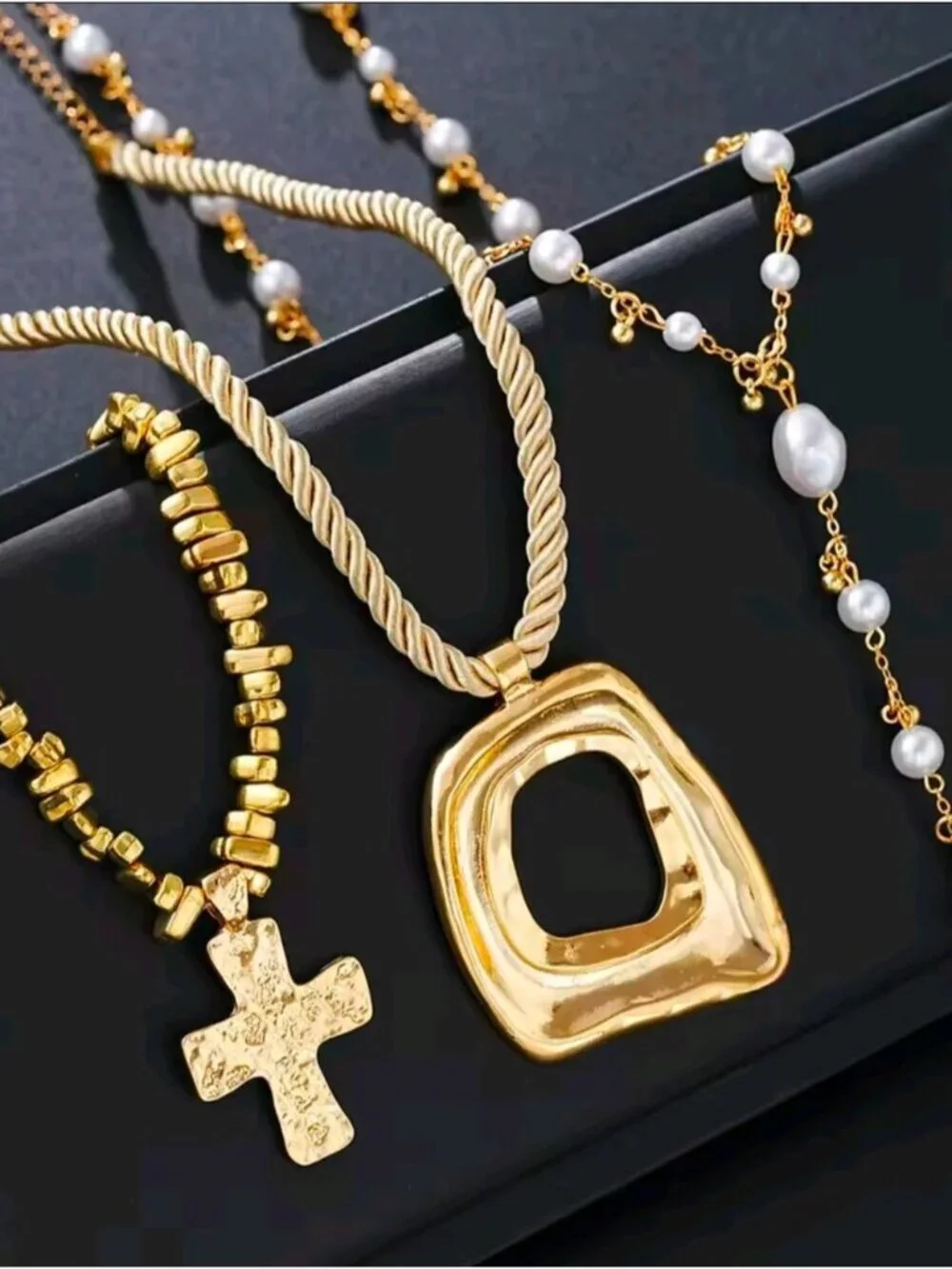 Gold-Tone Layered Necklace with White Pearls